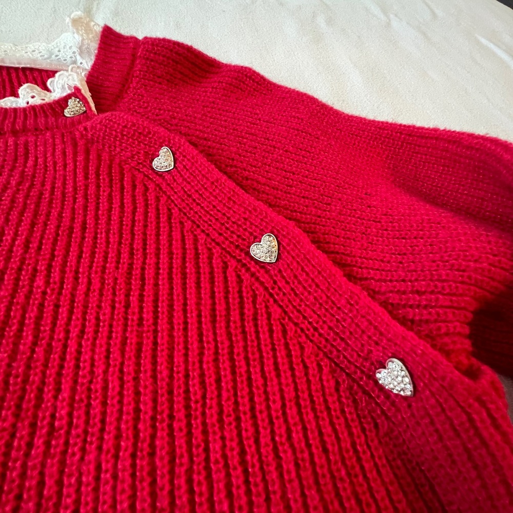 Women's Red Ribbed Knit Sweater with Lace Collar and Rhinestone Heart Buttons‎ - Picture 6 of 10